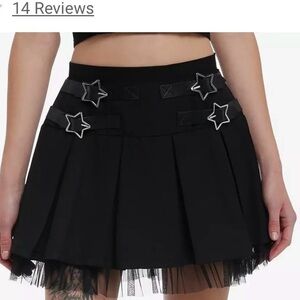Social Collision Black Star Buckle Pleated Mini Skirt with Tulle Trim - Small